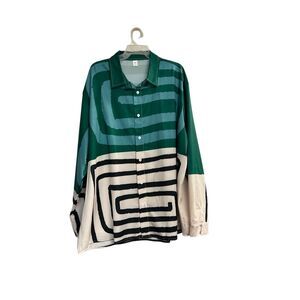 Mens Abstract Long Sleeved Collared Shirt Size 5X Green Cream Black